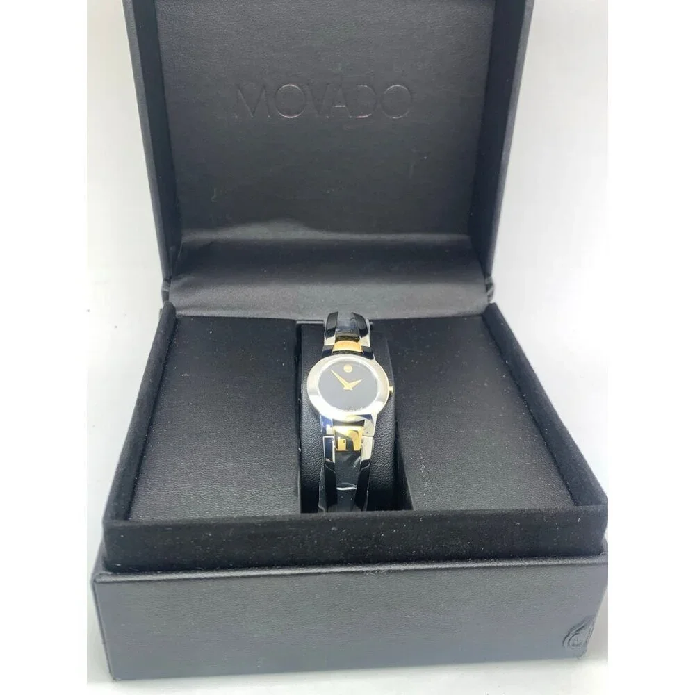 Movado Women's Watch 0606893 Amorosa Black Dial Swiss Quartz 24mm 2-Tone Bangle
